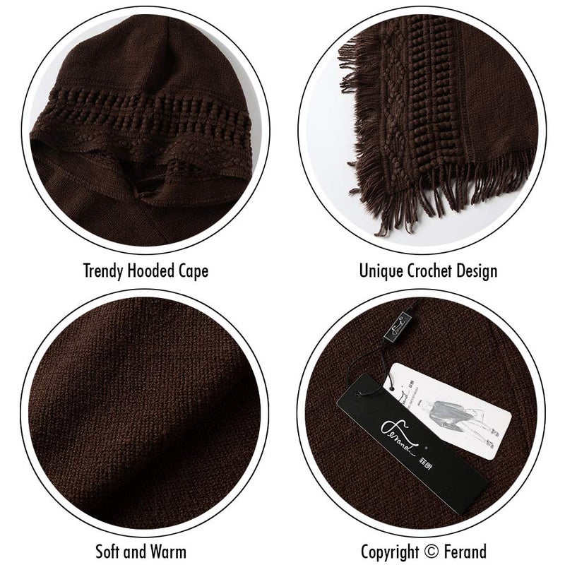 Ferand Ladies' Hooded Cape with Fringed Hem, Crochet Poncho Knitting Patterns for Women, Brown - Image 4